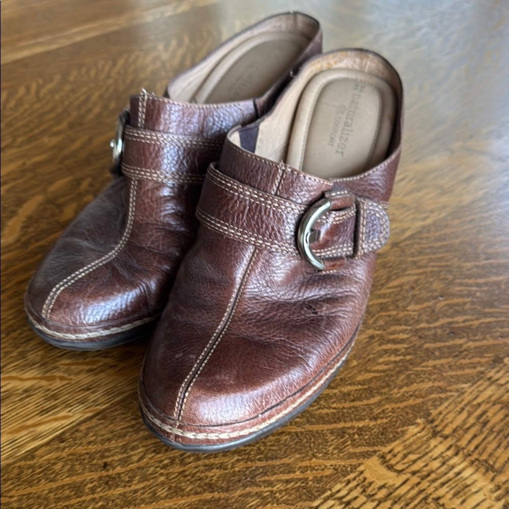 Brown Leather Slip-On Clogs